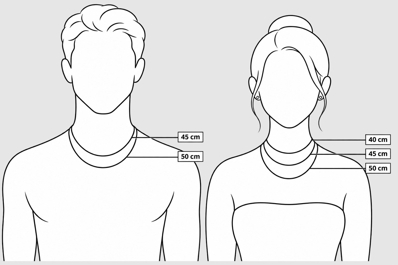 Necklace size guide — 40, 45 and 50 cm